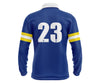 Custom yellow and blue long-sleeve school leaver with white accents